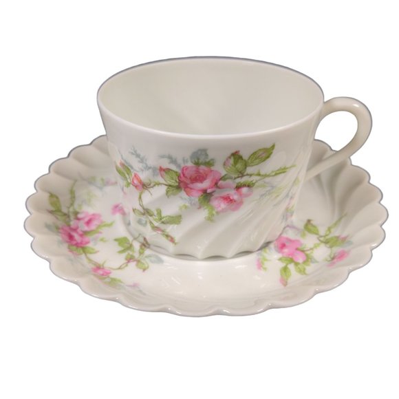 Vintage Haviland Limoges Julia Teacup Saucer Set France Scallop Pink Rose Swirl